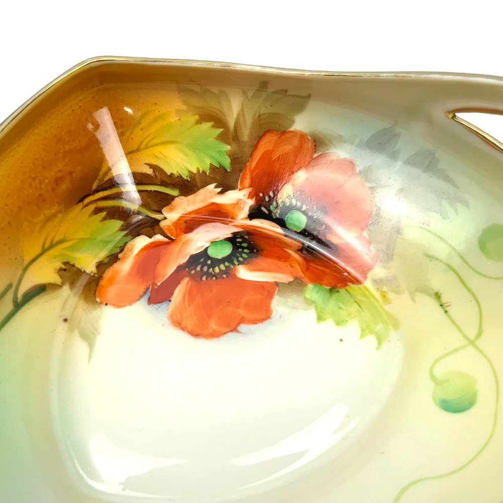 Antique Nippon Hand Painted Poppies Triangular Bowl - Picture 15 of 16